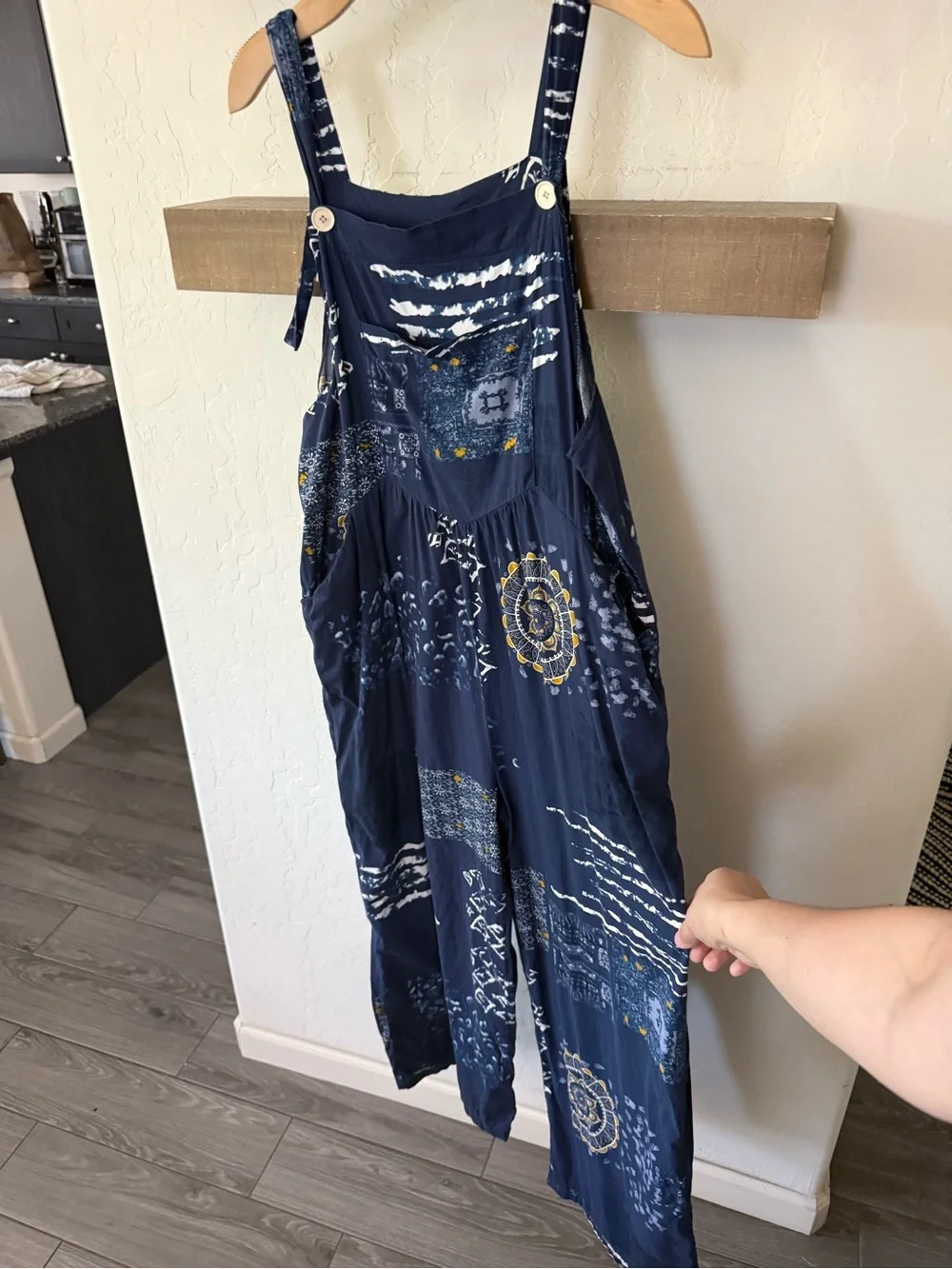 Small shop|Navy Boho Patchwork print Wide-Leg sleeveless Jumpsuit,overall style• - Picture 9 of 13